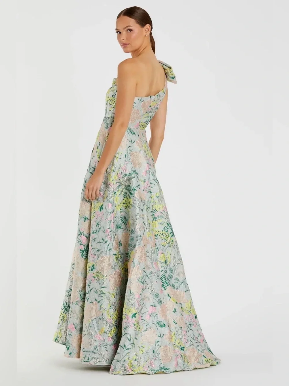 Mac Duggal One-Shoulder Floral Jacquard Brocade Gown Pastel Green Pink Yellow